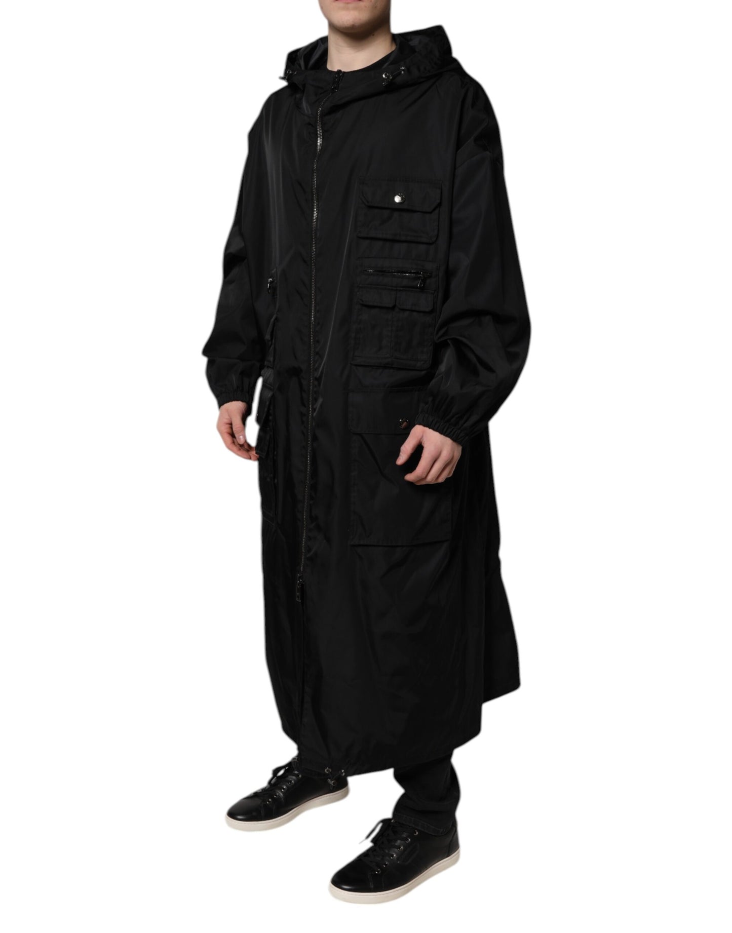 Dolce &amp; Gabbana Black Hooded Long Men Windbreaker Jacket