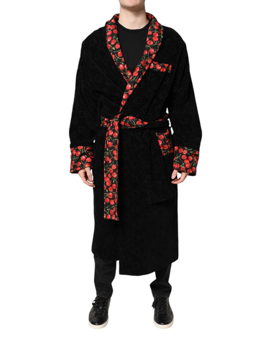 Dolce &amp; Gabbana Black Cherry Print Wrap Robe Men Coat Jacket
