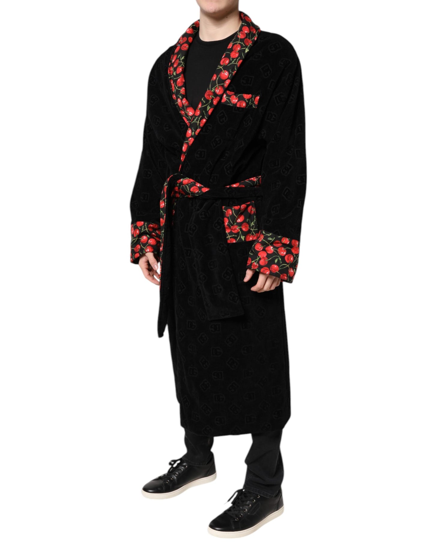 Dolce &amp; Gabbana Black Cherry Print Wrap Robe Men Coat Jacket