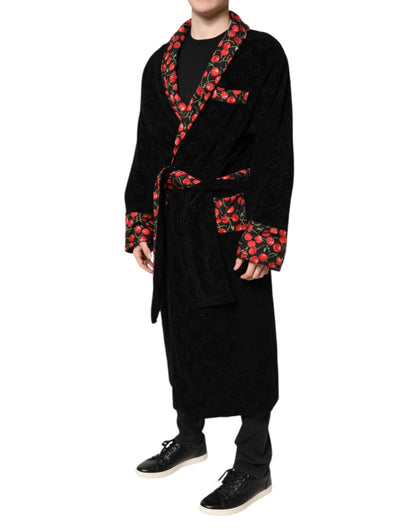 Dolce &amp; Gabbana Black Cherry Print Wrap Robe Men Coat Jacket