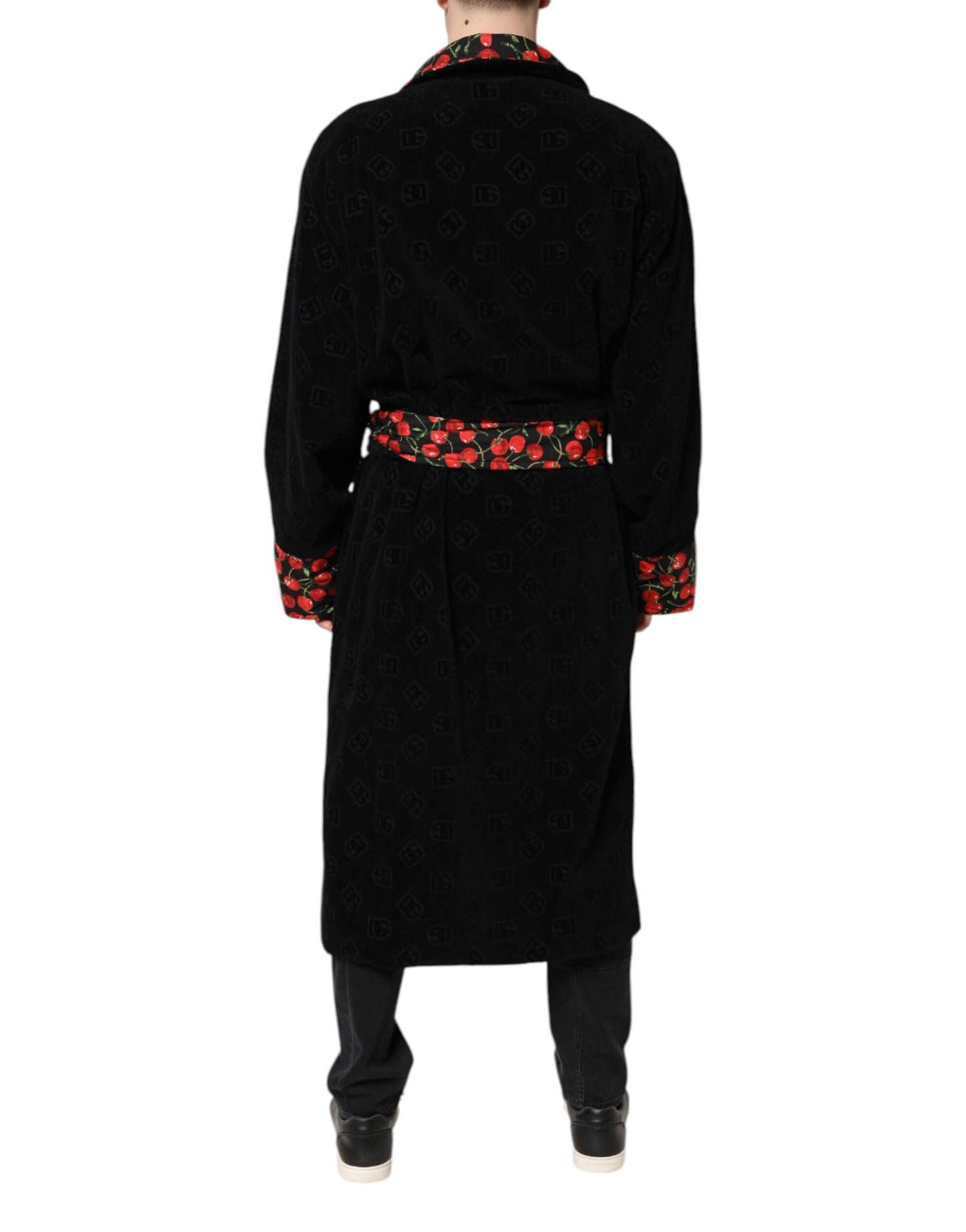 Dolce &amp; Gabbana Black Cherry Print Wrap Robe Men Coat Jacket