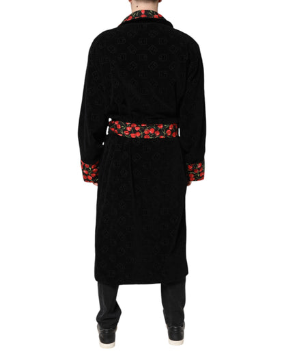 Dolce &amp; Gabbana Black Cherry Print Wrap Robe Men Coat Jacket