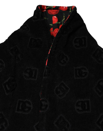 Dolce &amp; Gabbana Black Cherry Print Wrap Robe Men Coat Jacket