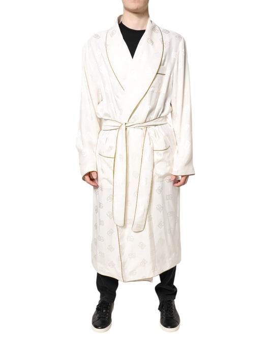 Dolce &amp; Gabbana Ivory Silk Logo Men Wrap Robe Coat Jacket