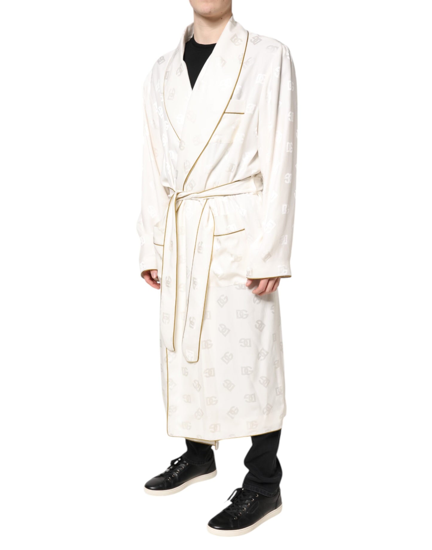 Dolce &amp; Gabbana Ivory Silk Logo Men Wrap Robe Coat Jacket