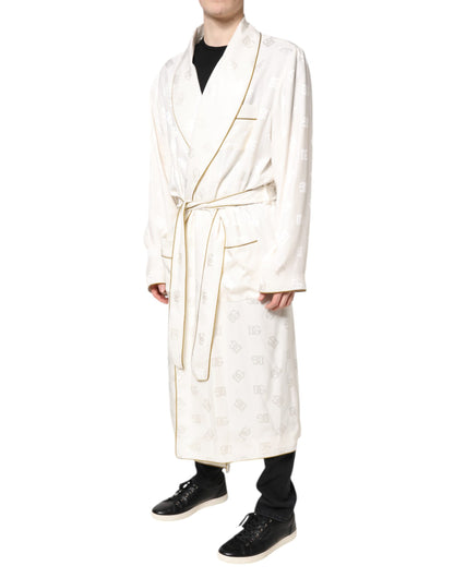 Dolce &amp; Gabbana Ivory Silk Logo Men Wrap Robe Coat Jacket