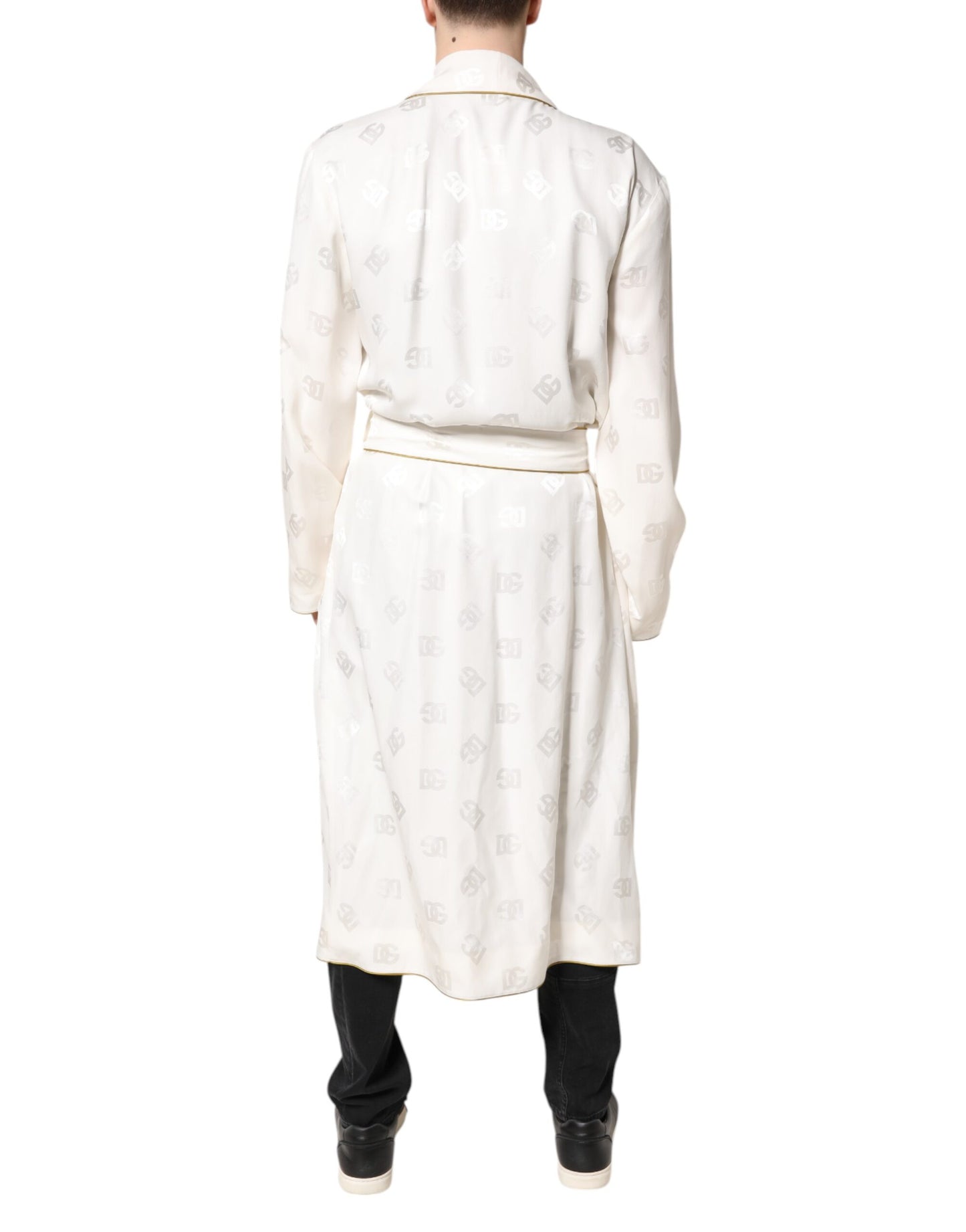 Dolce &amp; Gabbana Ivory Silk Logo Men Wrap Robe Coat Jacket