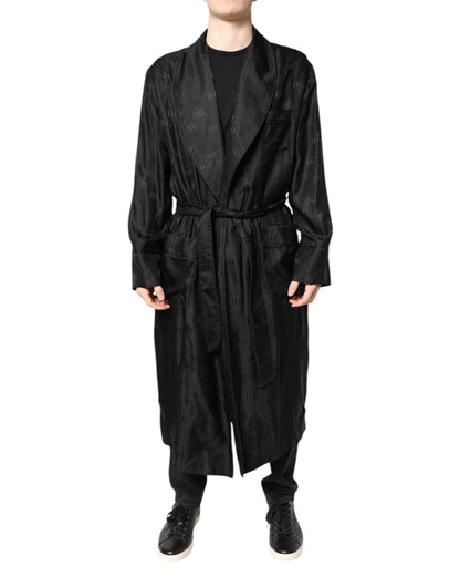 Dolce &amp; Gabbana Black Silk DG Logo Men Wrap Robe Coat Jacket