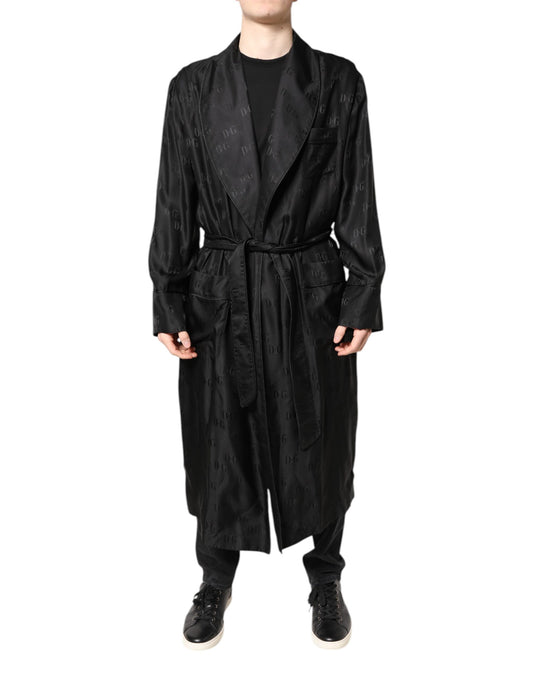 Dolce &amp; Gabbana Black Silk DG Logo Men Wrap Robe Coat Jacket
