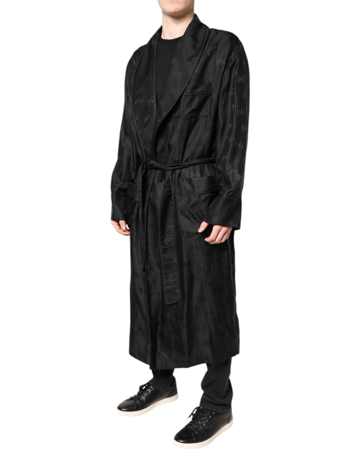 Dolce &amp; Gabbana Black Silk DG Logo Men Wrap Robe Coat Jacket