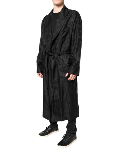 Dolce &amp; Gabbana Black Silk DG Logo Men Wrap Robe Coat Jacket