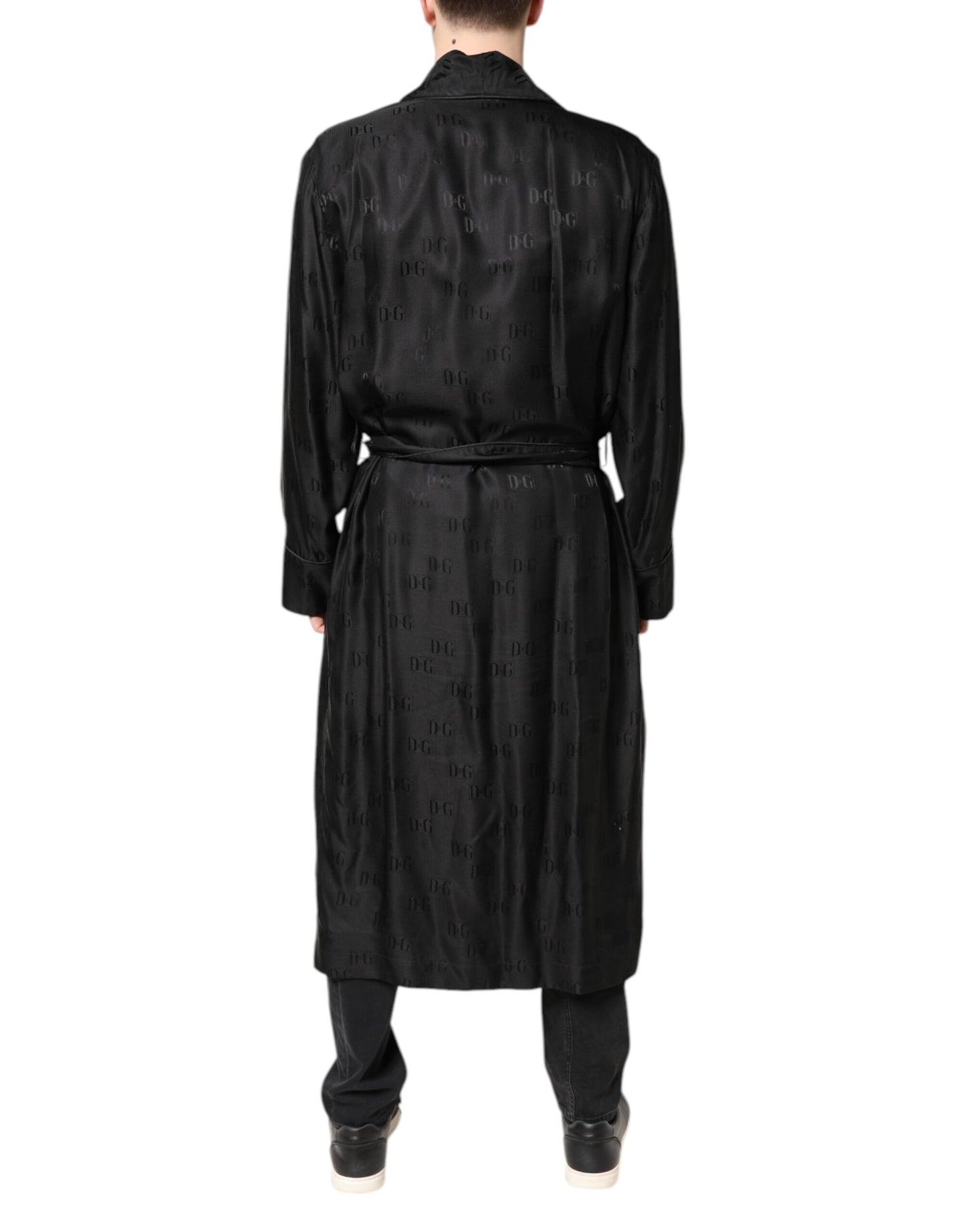 Dolce &amp; Gabbana Black Silk DG Logo Men Wrap Robe Coat Jacket