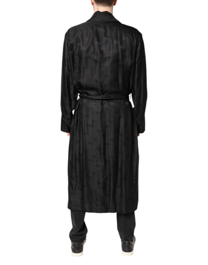 Dolce &amp; Gabbana Black Silk DG Logo Men Wrap Robe Coat Jacket