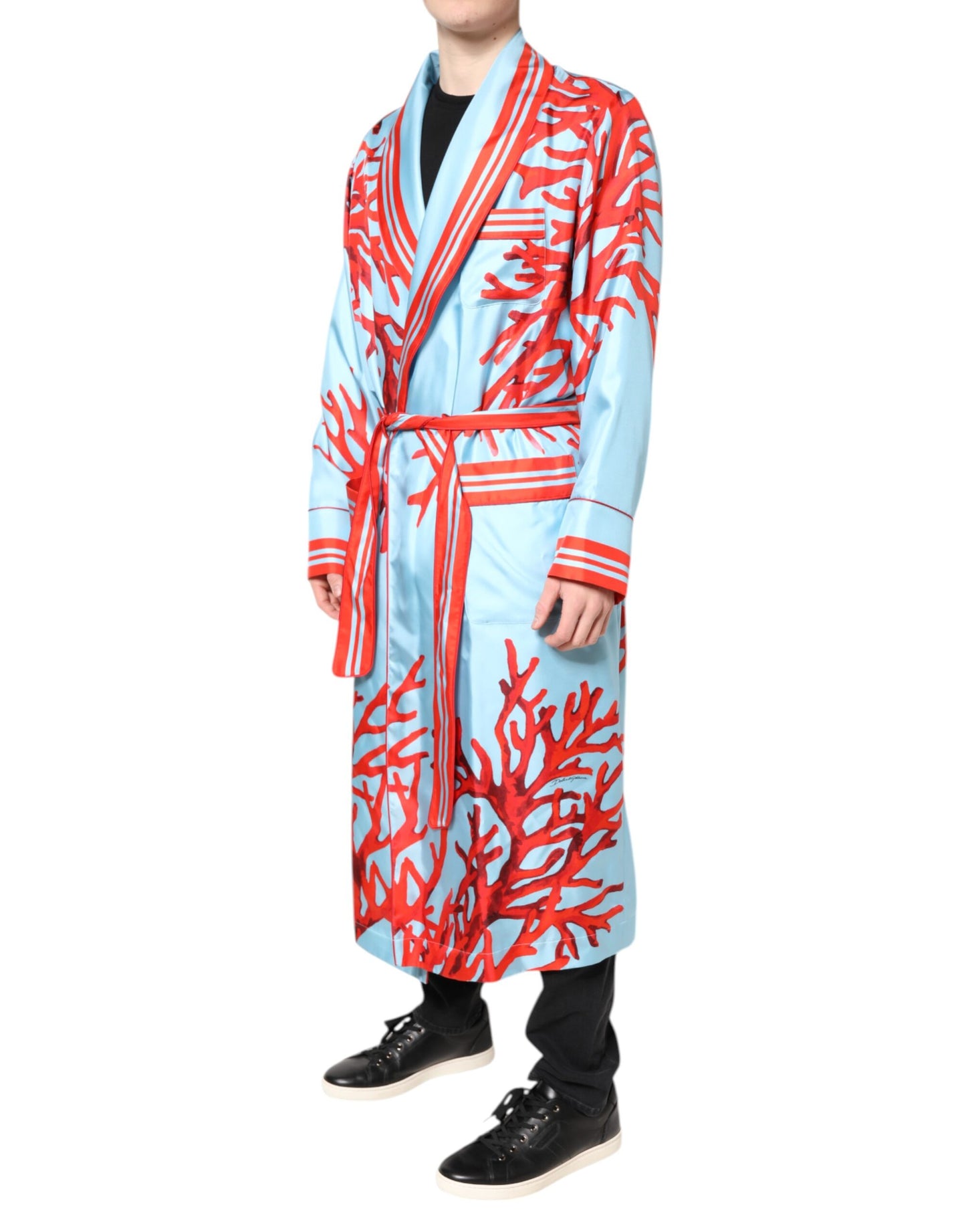 Dolce &amp; Gabbana Blue Red Coral Print Wrap Robe Coat Jacket