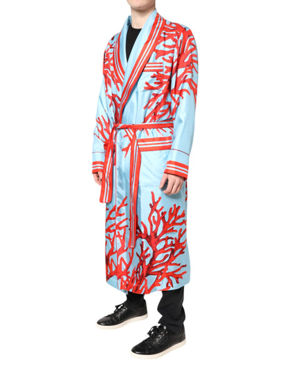 Dolce &amp; Gabbana Blue Red Coral Print Wrap Robe Coat Jacket