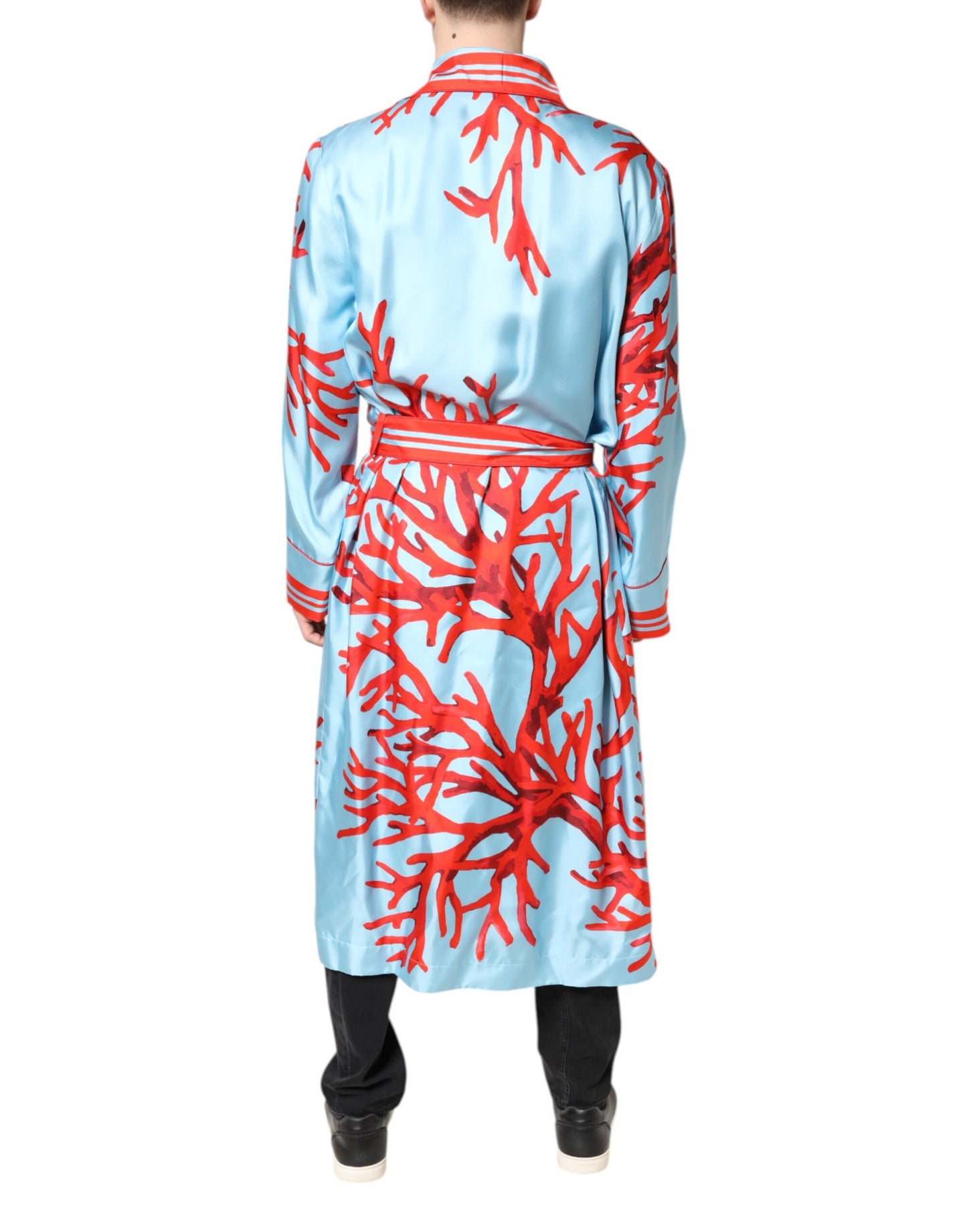Dolce &amp; Gabbana Blue Red Coral Print Wrap Robe Coat Jacket