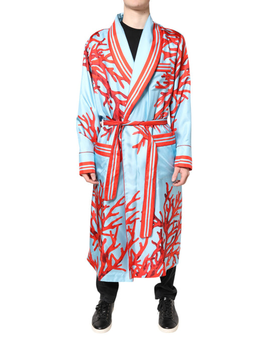 Dolce &amp; Gabbana Blue Red Coral Print Wrap Robe Coat Jacket
