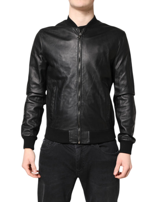 Dolce &amp; Gabbana Black Lambskin Leather Full Zip Biker Jacket