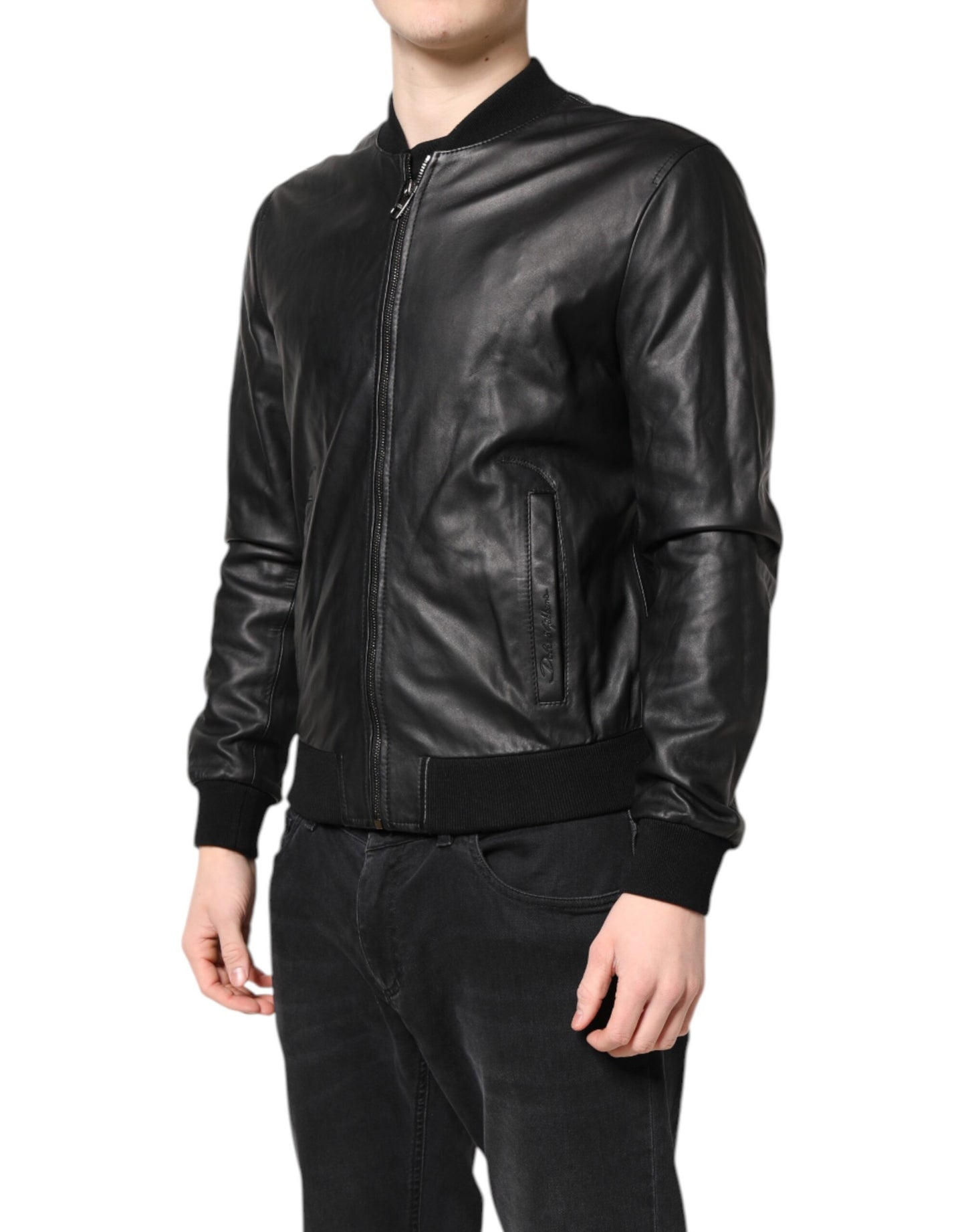 Dolce &amp; Gabbana Black Lambskin Leather Full Zip Biker Jacket