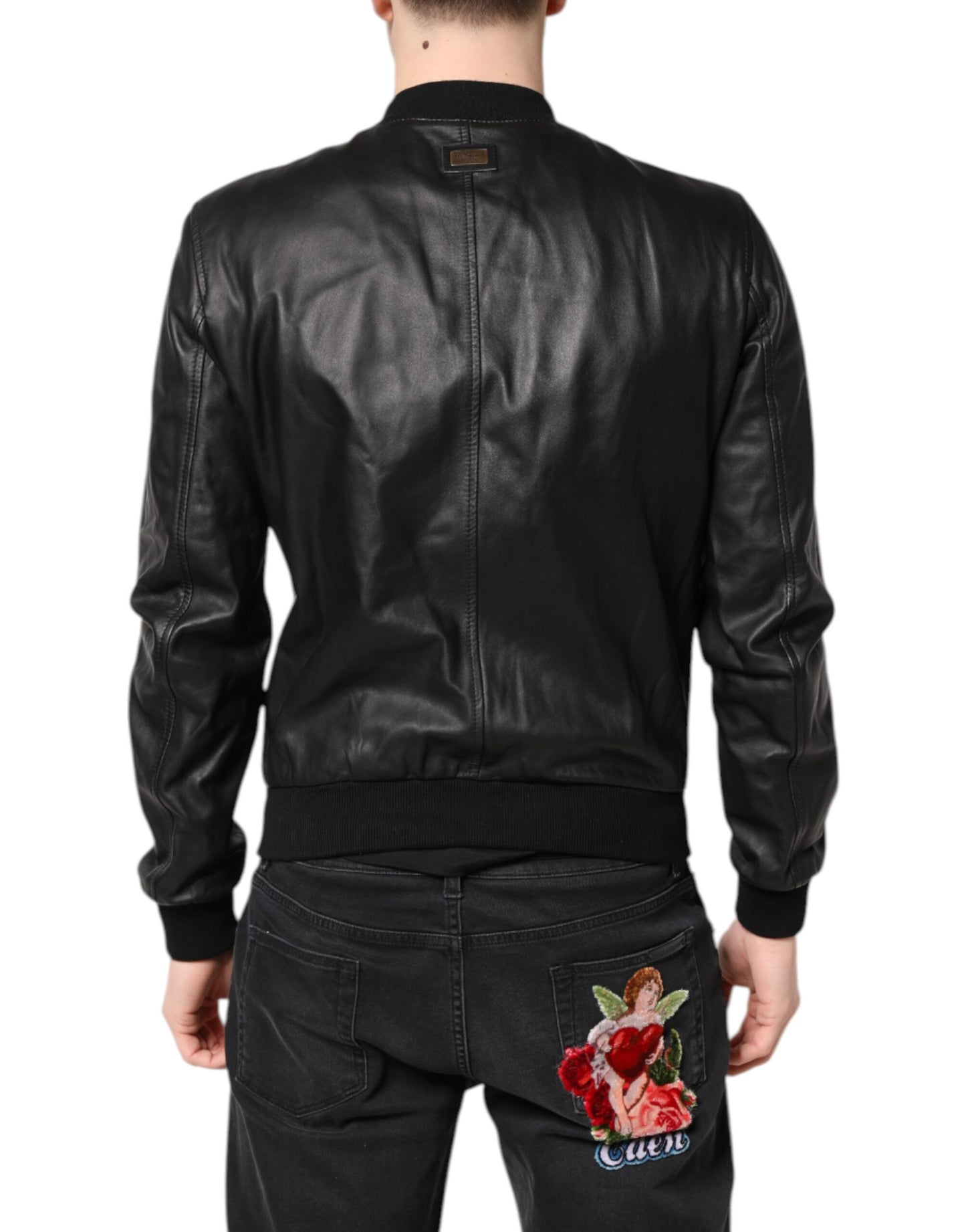 Dolce &amp; Gabbana Black Lambskin Leather Full Zip Biker Jacket