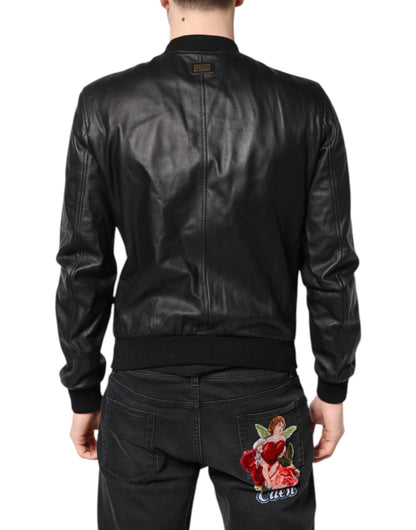 Dolce &amp; Gabbana Black Lambskin Leather Full Zip Biker Jacket
