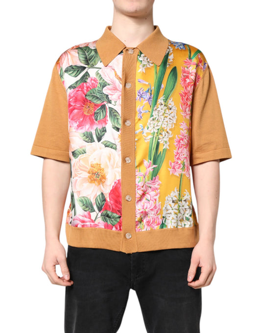 T-shirt à manches courtes et col fleuri marron Dolce &amp; Gabbana