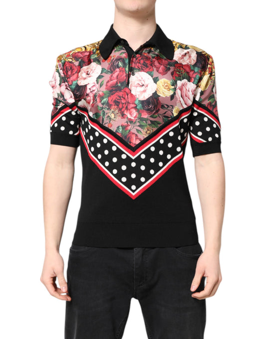 T-shirt à manches courtes et col fleuri noir Dolce &amp; Gabbana