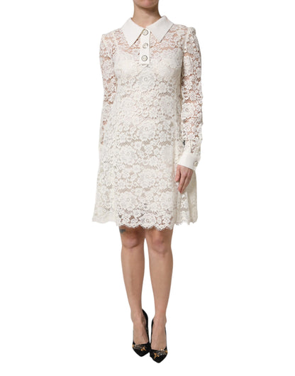 Dolce &amp; Gabbana White Floral Lace Long Sleeves Shift Dress