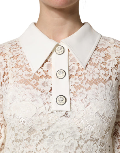 Dolce &amp; Gabbana White Floral Lace Long Sleeves Shift Dress