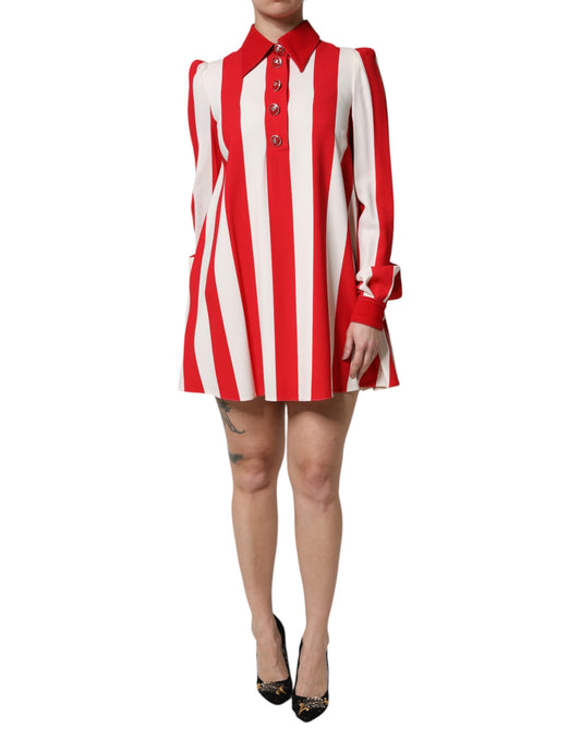 Dolce &amp; Gabbana White Red Stripes Long Sleeves Mini Dress