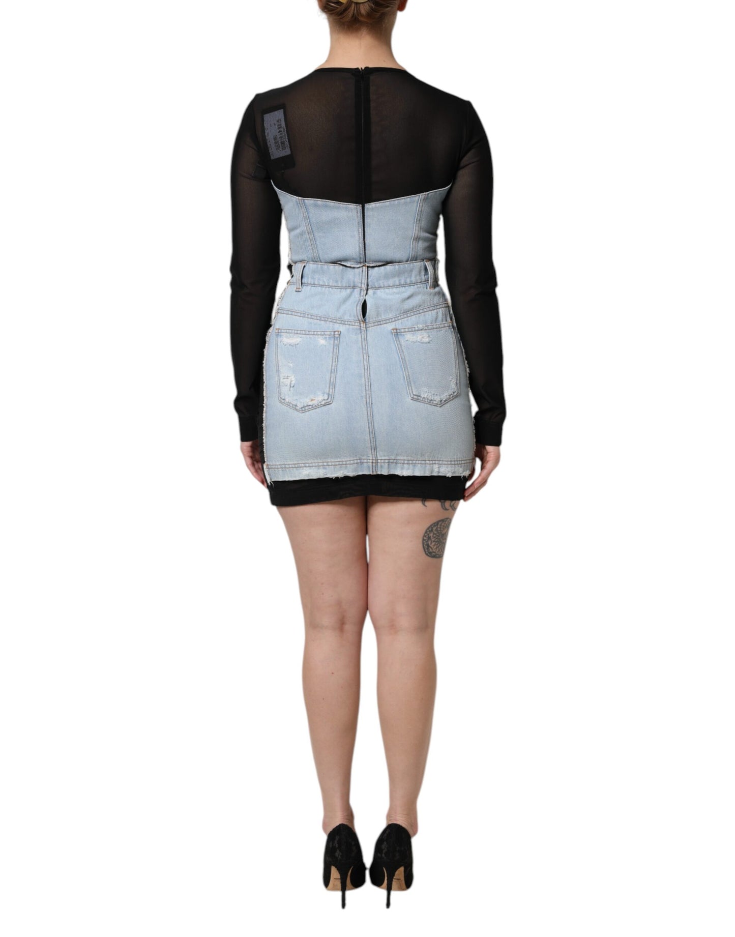 Dolce &amp; Gabbana Black Blue Long Sleeves Denim Mini Dress