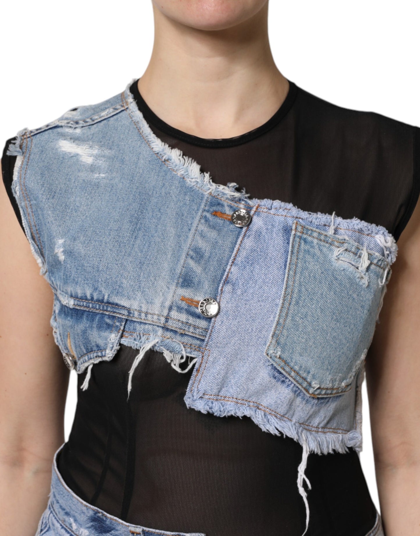 Dolce &amp; Gabbana Black Blue Sleeveless Denim Mini Dress