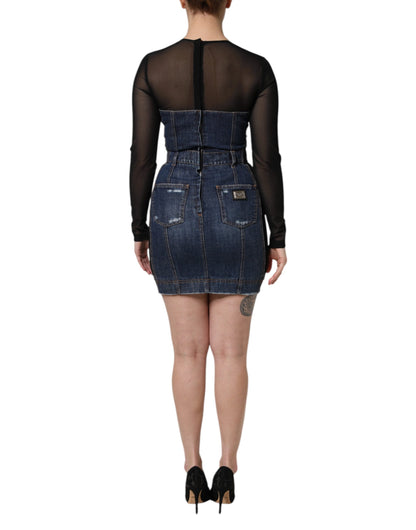 Dolce &amp; Gabbana Black Blue Long Sleeves Denim Mini Dress