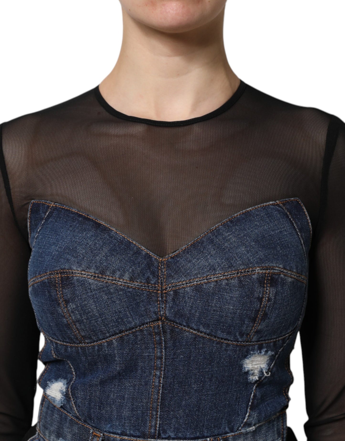 Dolce &amp; Gabbana Black Blue Long Sleeves Denim Mini Dress