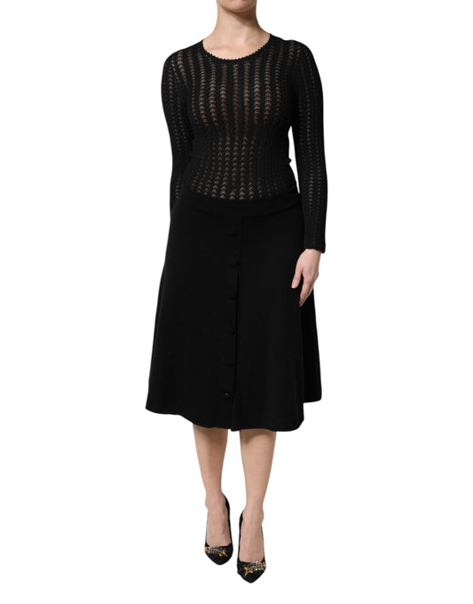 Dolce &amp; Gabbana Black Cashmere Long Sleeves A-line Midi Dress