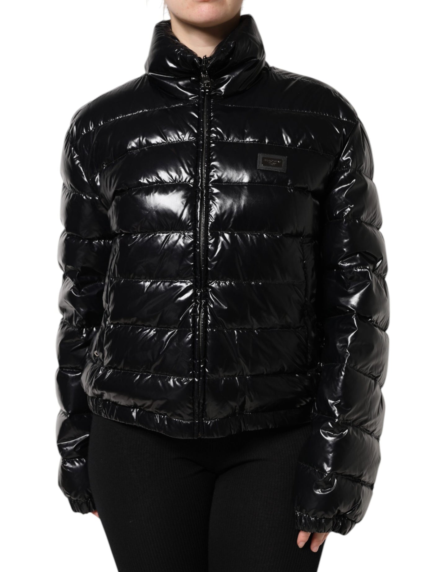 Dolce &amp; Gabbana Black Logo Plaque Full Zip Puffer Jacket