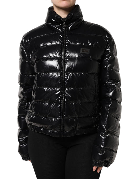 Dolce &amp; Gabbana Black Logo Plaque Full Zip Puffer Jacket