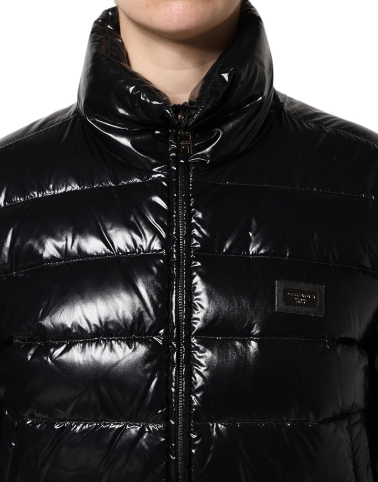Dolce &amp; Gabbana Black Logo Plaque Full Zip Puffer Jacket