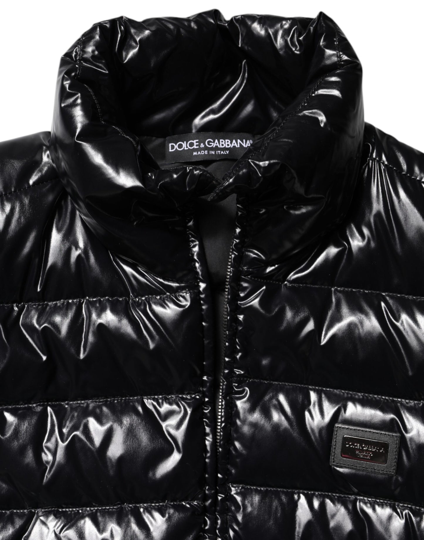 Dolce &amp; Gabbana Black Logo Plaque Full Zip Puffer Jacket