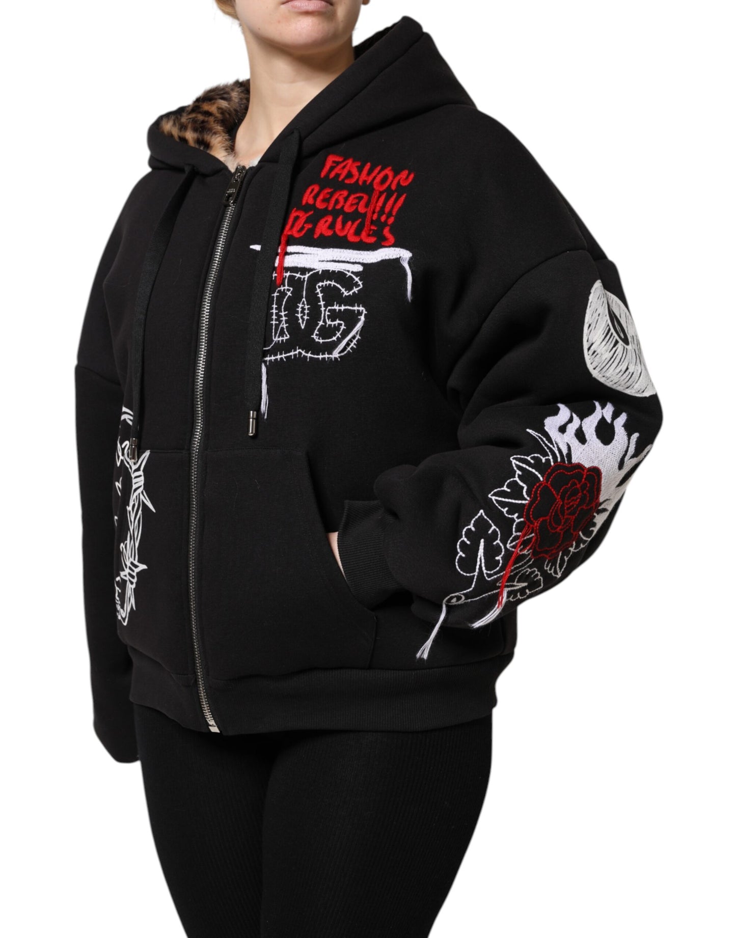 Dolce &amp; Gabbana Black Embroidered Full Zip Hooded Jacket