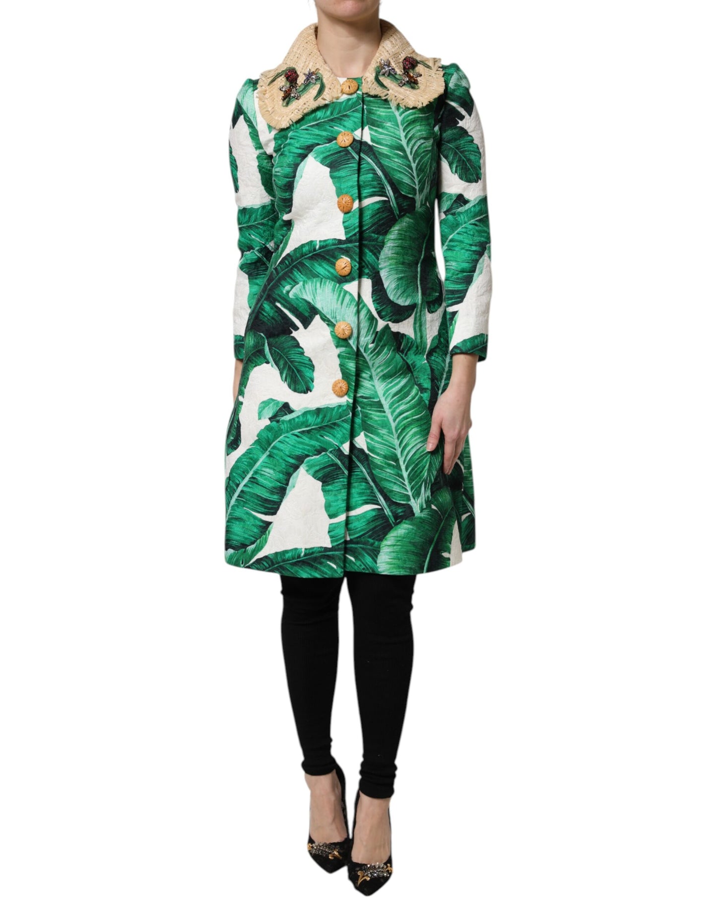 Dolce &amp; Gabbana Multicolor Leaf Print Embellished Trench Coat Jacket