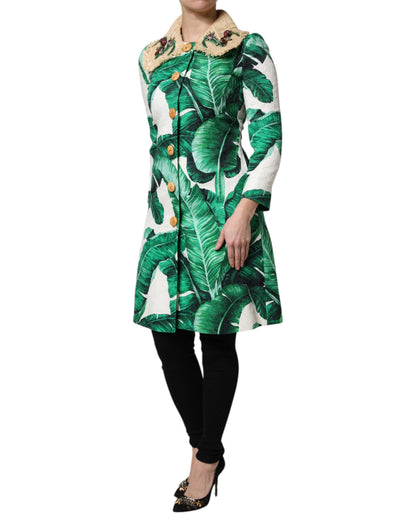 Dolce &amp; Gabbana Multicolor Leaf Print Embellished Trench Coat Jacket