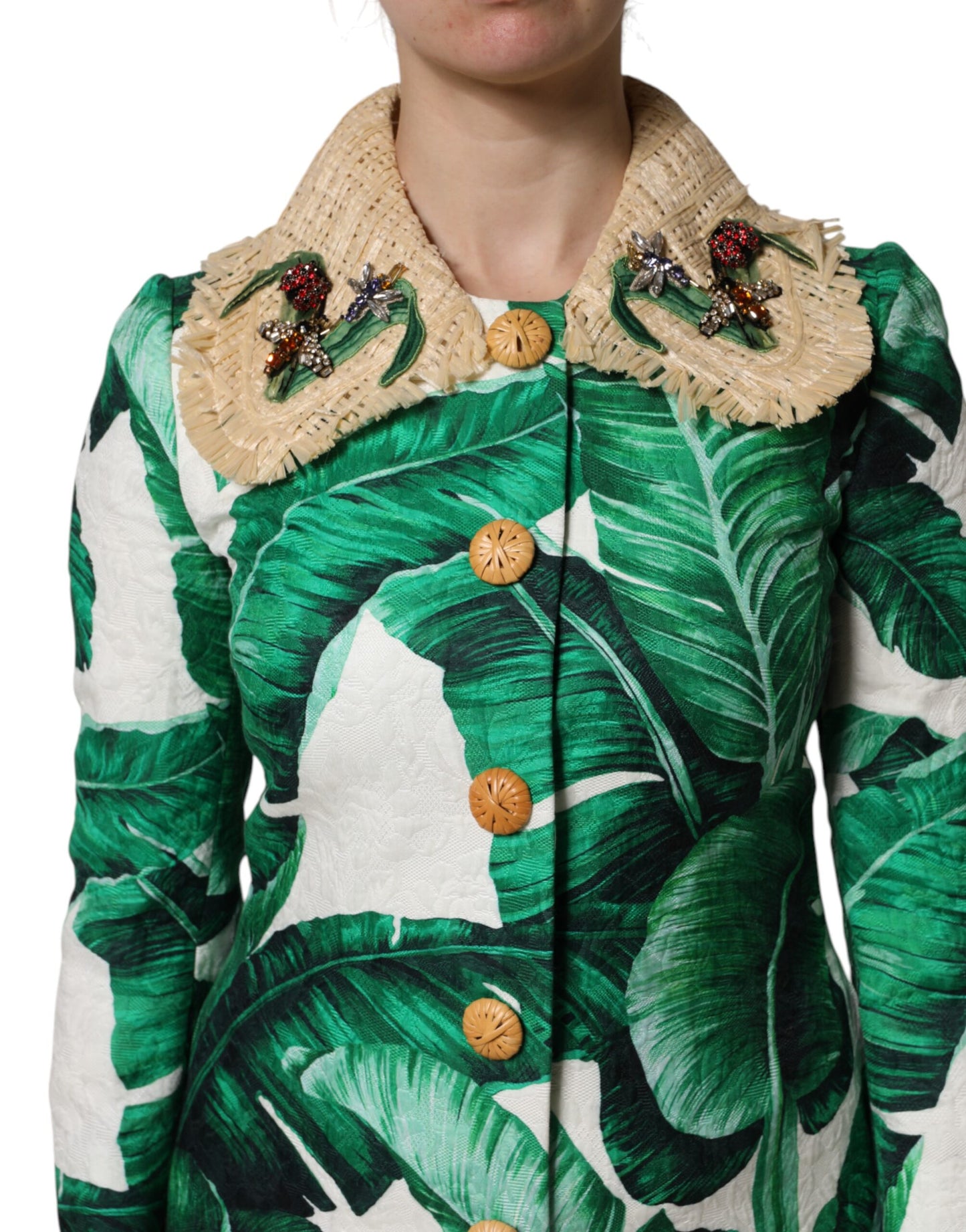 Dolce &amp; Gabbana Multicolor Leaf Print Embellished Trench Coat Jacket