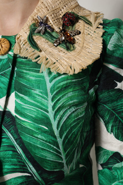 Dolce &amp; Gabbana Multicolor Leaf Print Embellished Trench Coat Jacket