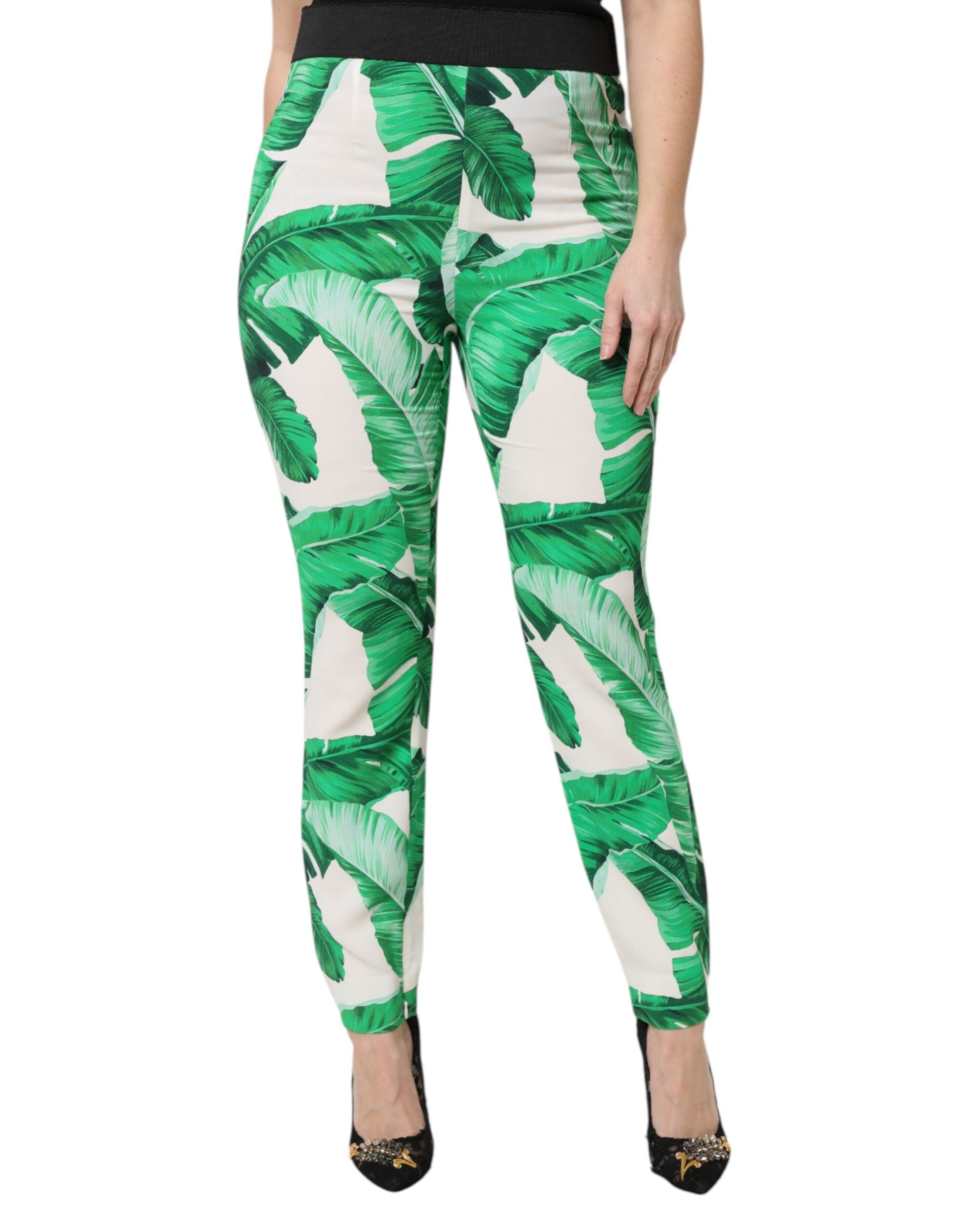 Dolce & Gabbana White Green Leaf High Waist Pants by Dolce & Gabbana