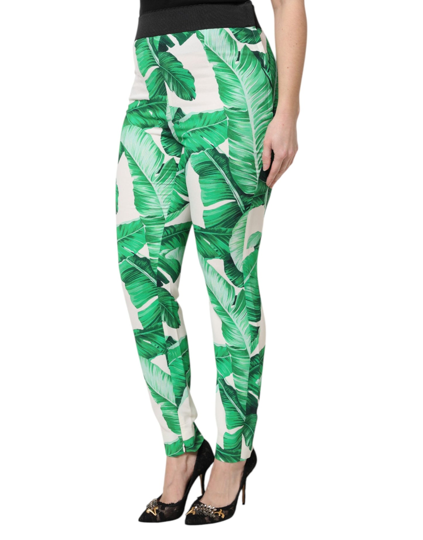 Dolce & Gabbana White Green Leaf High Waist Pants by Dolce & Gabbana