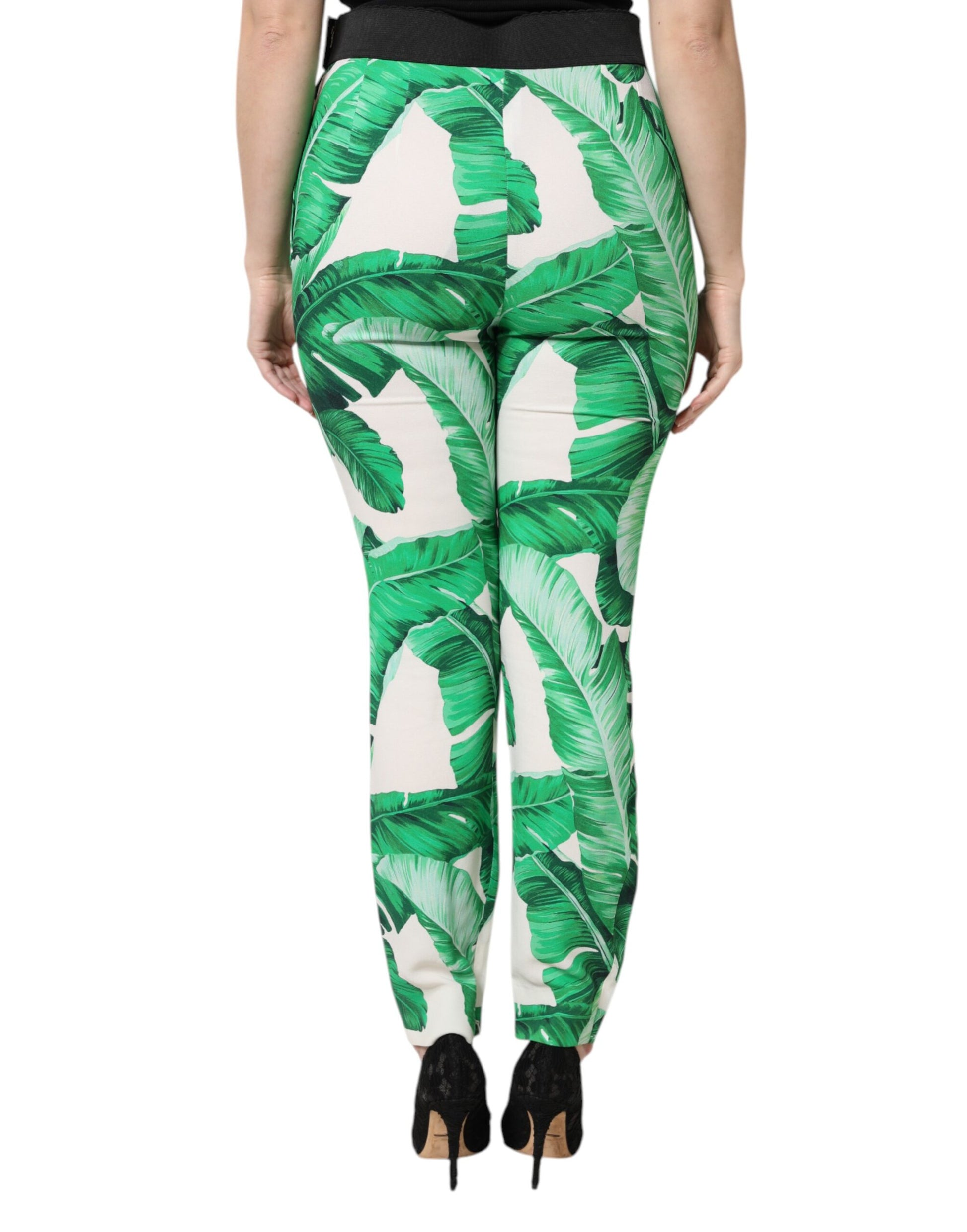 Dolce & Gabbana White Green Leaf High Waist Pants by Dolce & Gabbana