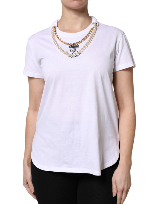 Dolce &amp; Gabbana White Chain Pearl Cotton Round Neck T-shirt