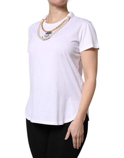 Dolce &amp; Gabbana White Chain Pearl Cotton Round Neck T-shirt
