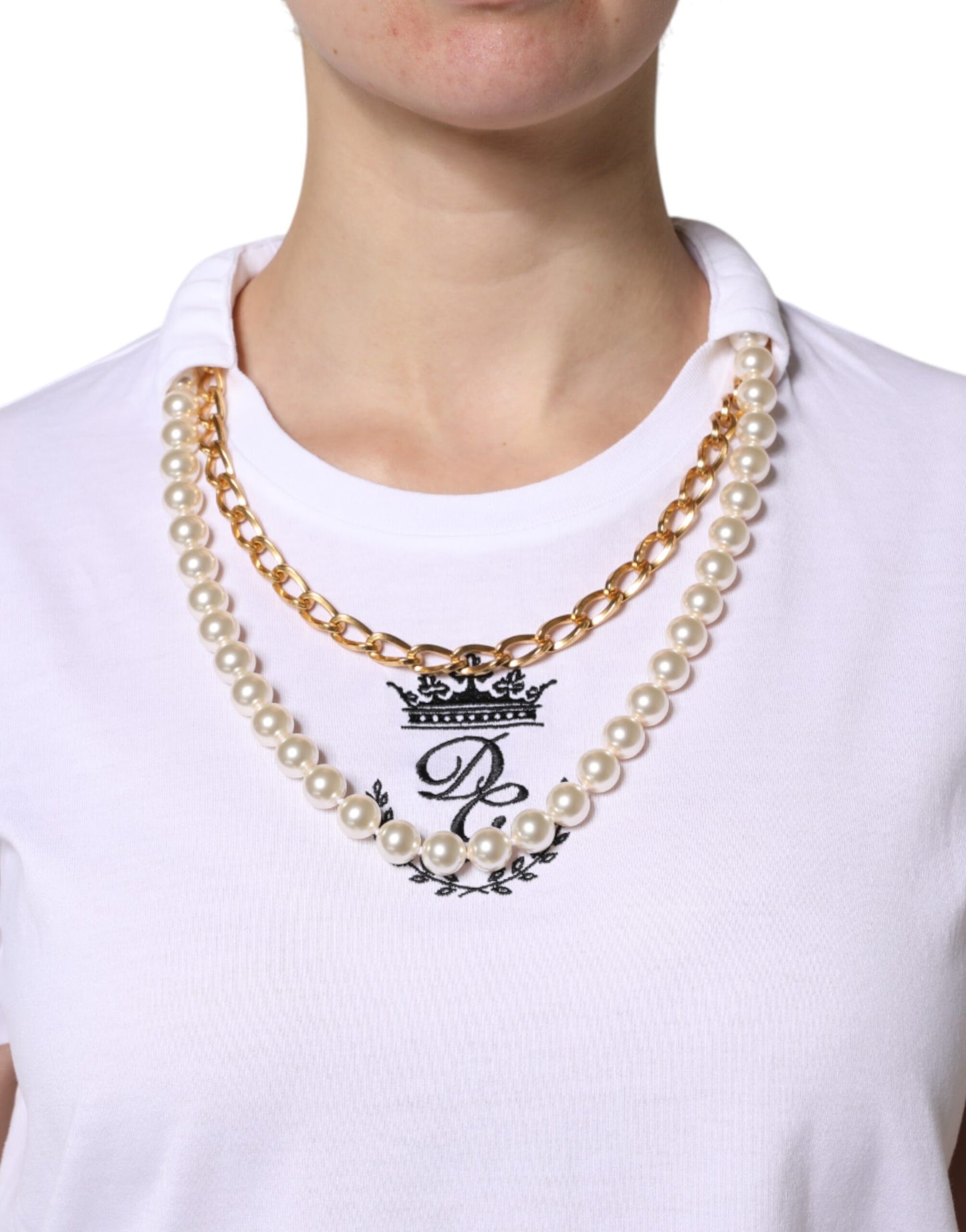 Dolce &amp; Gabbana White Chain Pearl Cotton Round Neck T-shirt